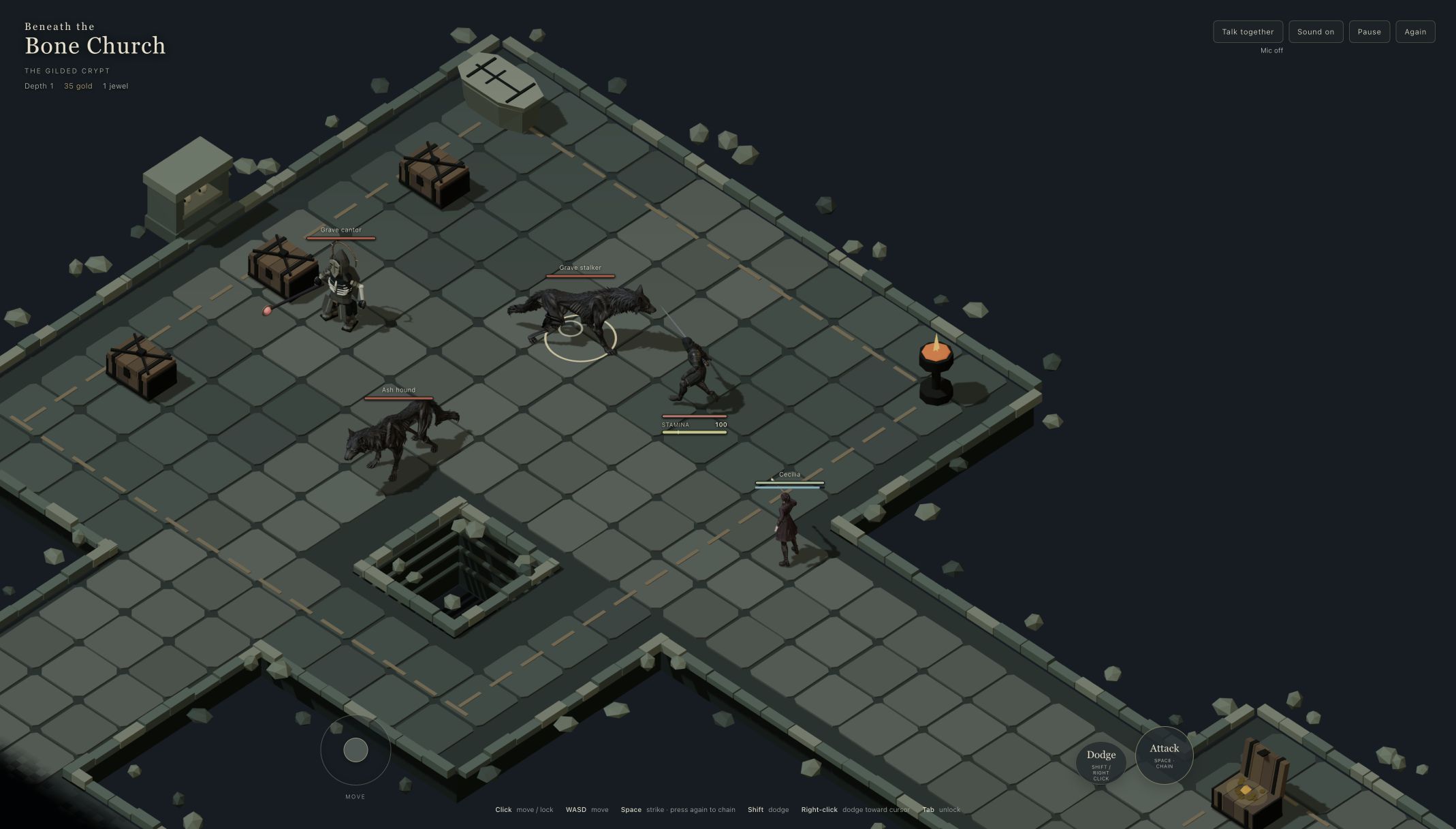 Beneath the Bone Church dungeon-crawler prototype with two companions exploring a ruined courtyard
