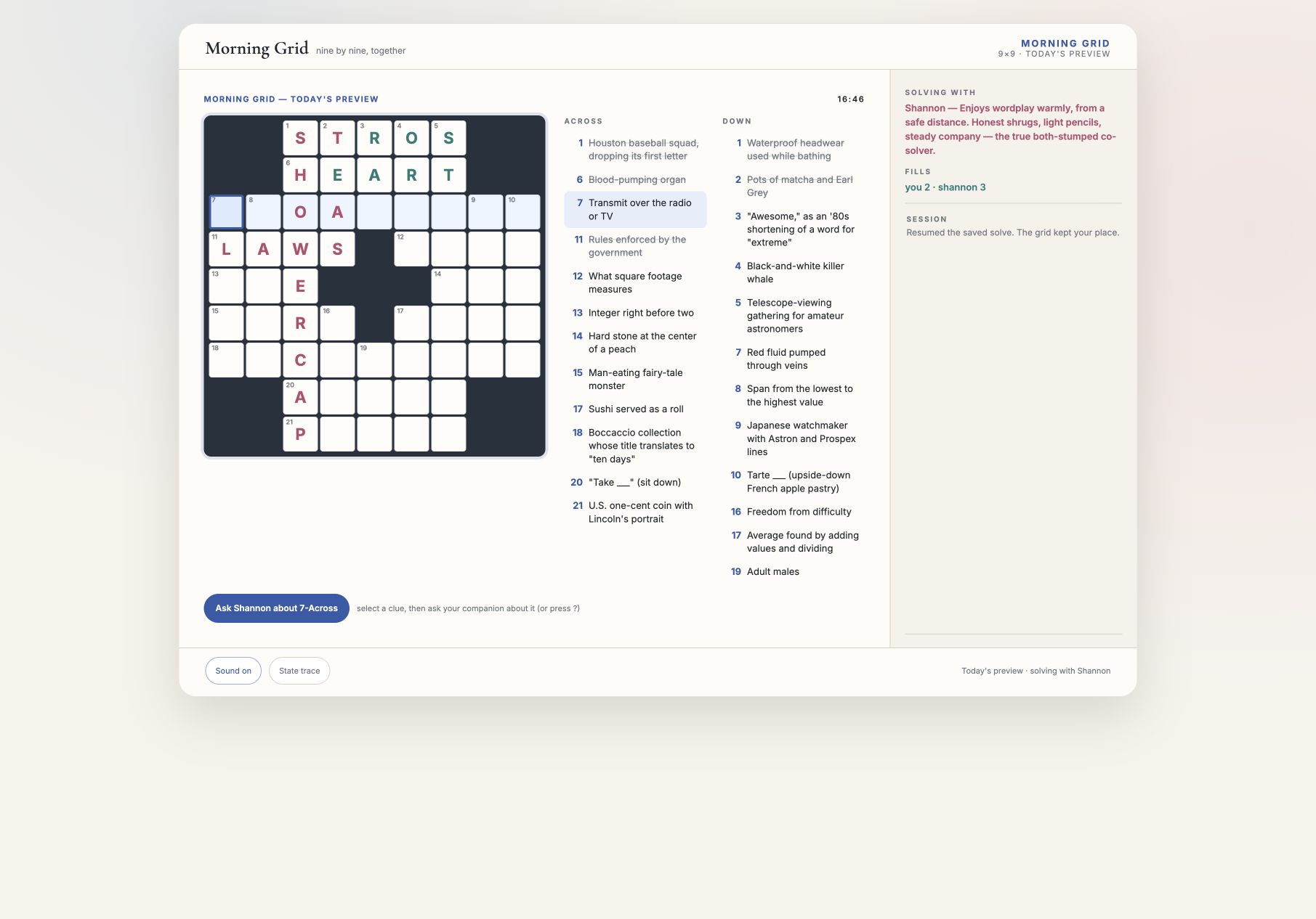 The shared daily crossword, showing the puzzle and clues